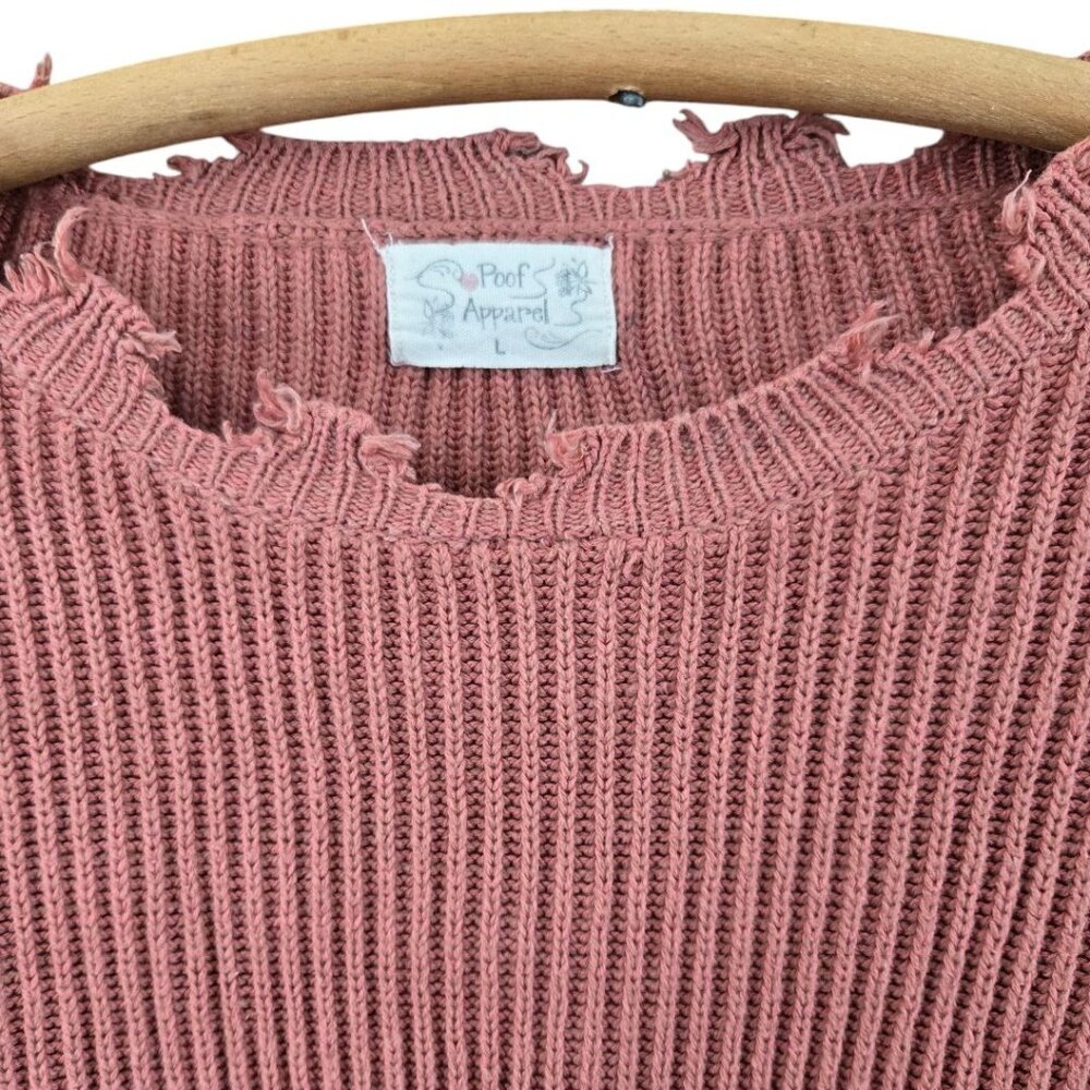 Cropped Distressed Pink Knit Sweater Poof Apparel Ribbed Texture Large - Picture 3 of 8